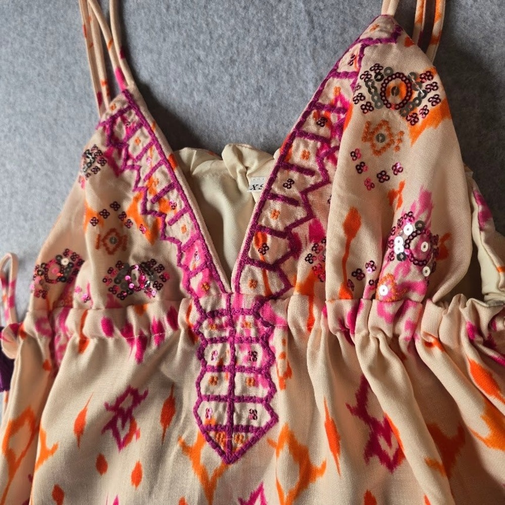 Boho Ikat‎ Print Cami Top Women XS Pink Orange Sequin Tassel Festival Babydoll - Picture 5 of 12